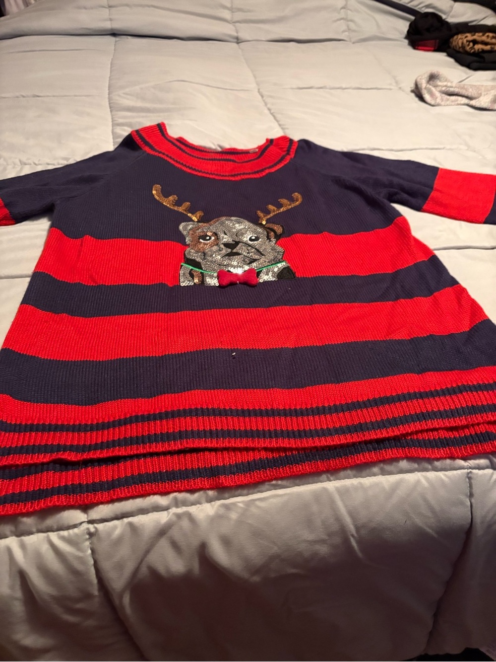 Womens Red & Navy Striped Holiday Sweater Top